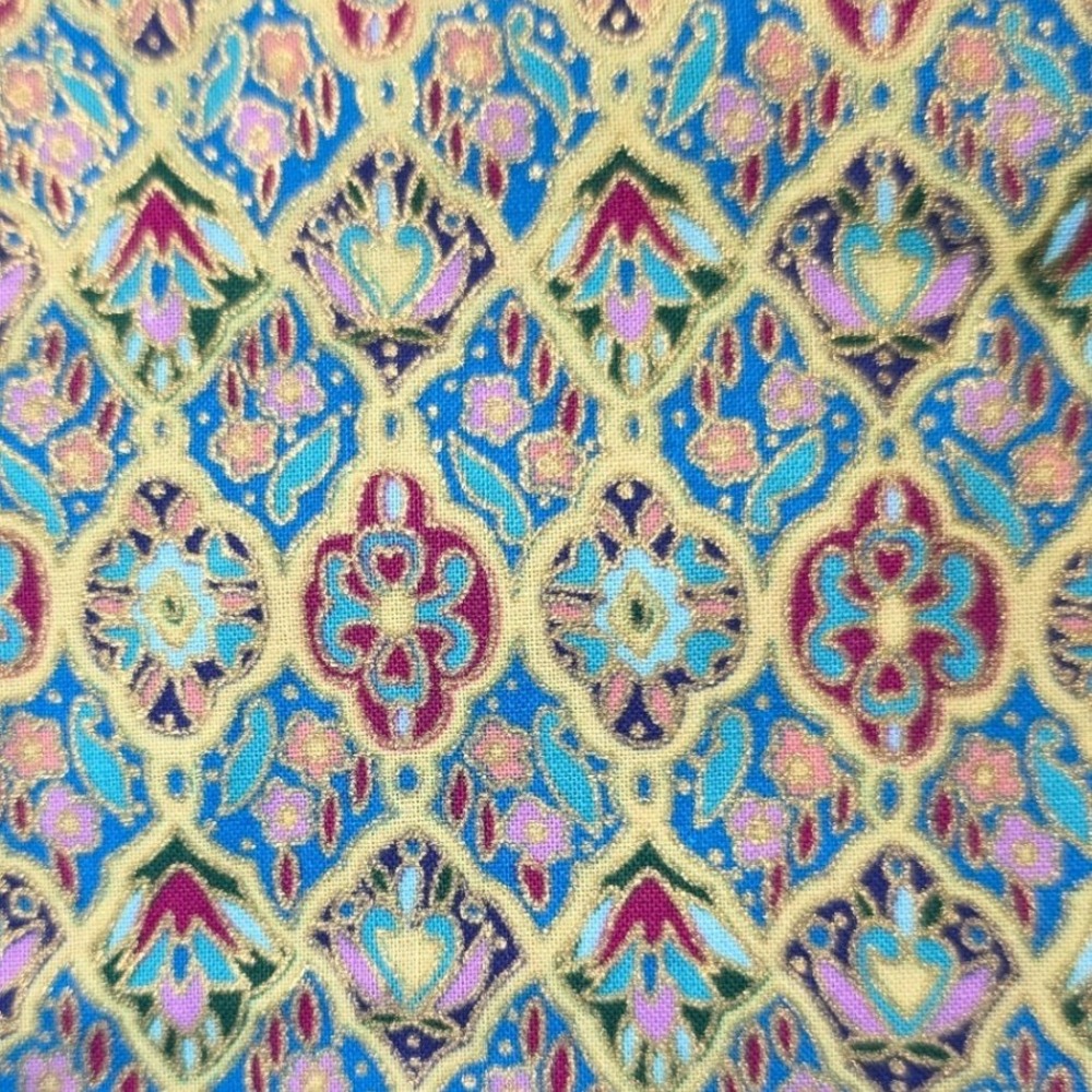 HI Fashion Fabrics Fabric Blue Gold Metallic Floral Damask 44W x 1.5L yd